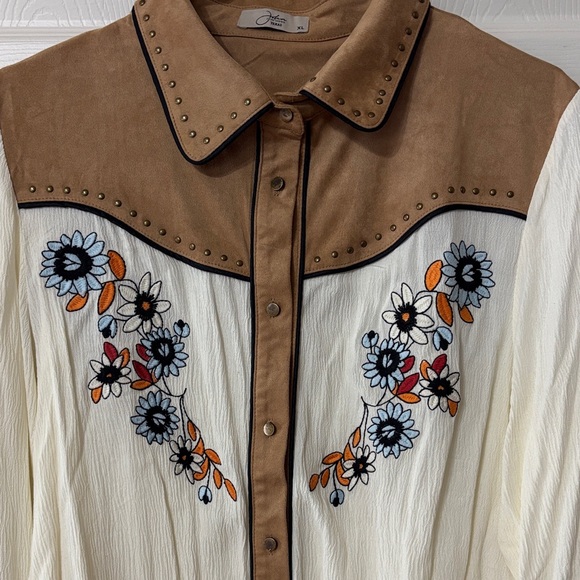 Embroidered Button Down Shirt - Cream and Brown - Picture 2 of 8